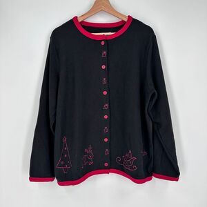 CJ Banks‎ Christmas Cardigan Crewneck XL Black Knit Red Embroidery Party Holiday